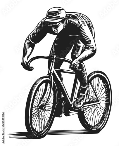 Vintage Style Woodcut Illustration of a Cyclist in Motion