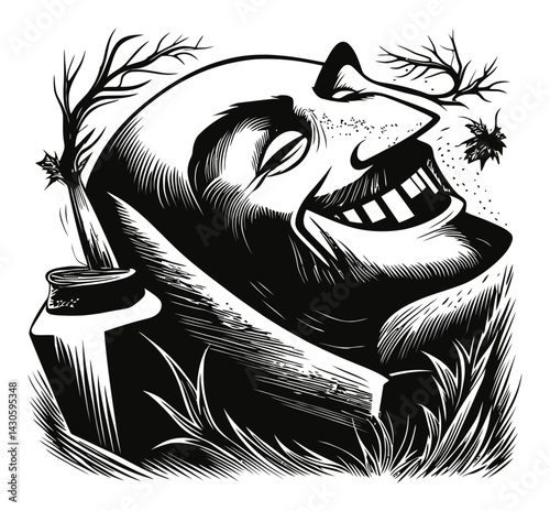 Vintage Engraving of a Smiling Face Surrounded by Nature Elements