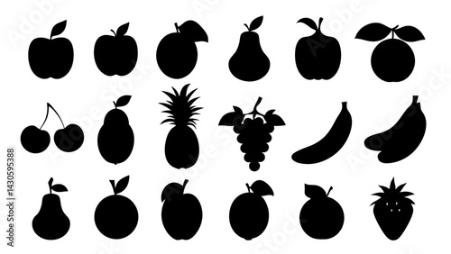 set of Fruits and berries silhouette vector on white background