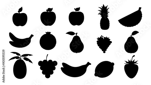 set of Fruits and berries silhouette vector on white background