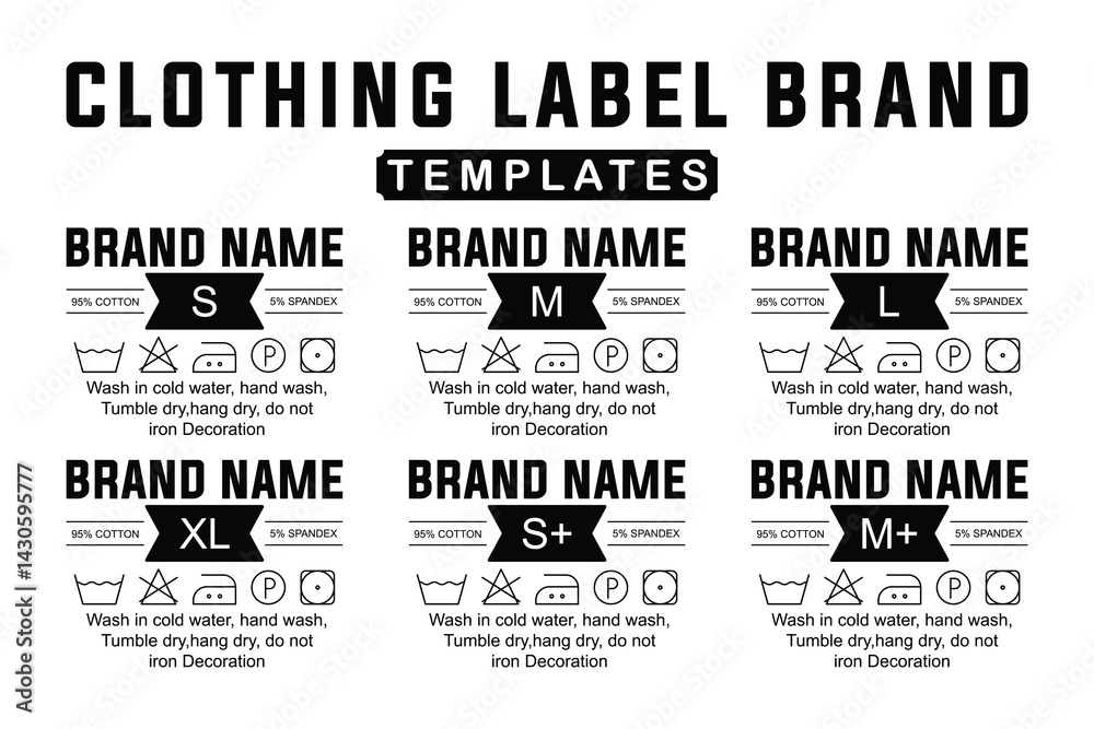 Fototapeta premium Editable Clothing Label Templates. Fashion Tags with Size Indicators and Washing Instructions