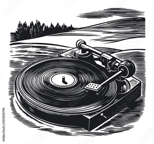 Vintage Turntable Woodcut Style Engraving with Scenic Background