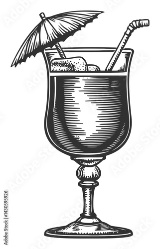Vintage Engraving of a Cocktail Glass with Umbrella and Straw