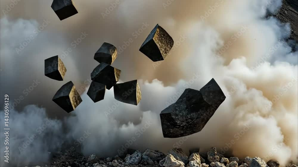Explosive activity results in blasting stone fragments and smoke clouds at construction site, Blasting on groundï¼Œ exploded stone fragments and smoke flew around