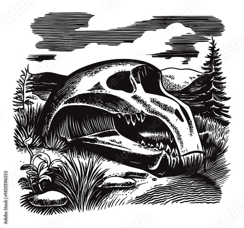 Detailed Woodcut Illustration of a Dinosaur Skull in Nature Scene