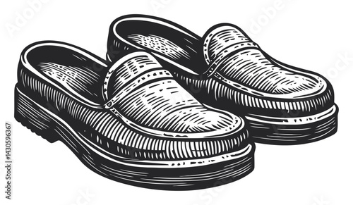 Vintage Engraving of Classic Slip-On Shoes in Woodcut Style