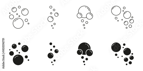 Rising Air Bubbles And Soap Foam Line And Solid Icon Set. Water Droplets And Floating Bubble Cluster Symbol Collection. Isolated Vector Illustration