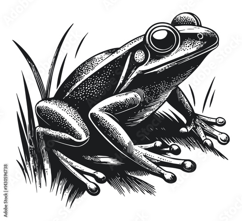 Black and White Woodcut Style Frog Engraving Illustration