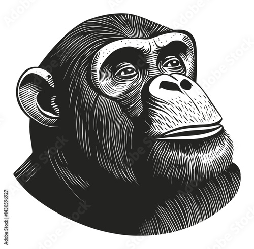 Detailed Black and White Engraving of a Majestic Gorilla Head