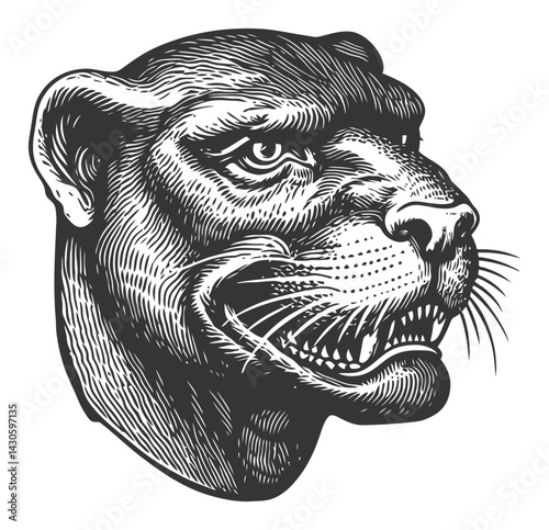 Detailed Woodcut Illustration of a Fierce Panther Head Design