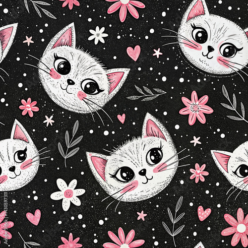 Seamless print for kids with cute cat faces, flowers, hearts. Fabric print. Background.
