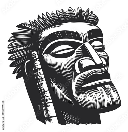 Detailed Woodcut of a Stylized Human Head with Expression