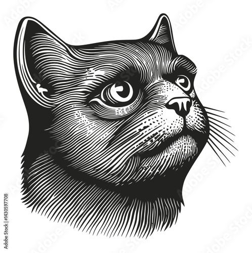Detailed Black and White Woodcut Illustration of Cat Head