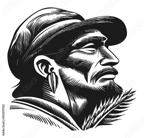 Detailed Black and White Woodcut Illustration of a Man's Profile