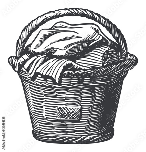 Detailed Woodcut Style Engraving of a Woven Basket with Cloth