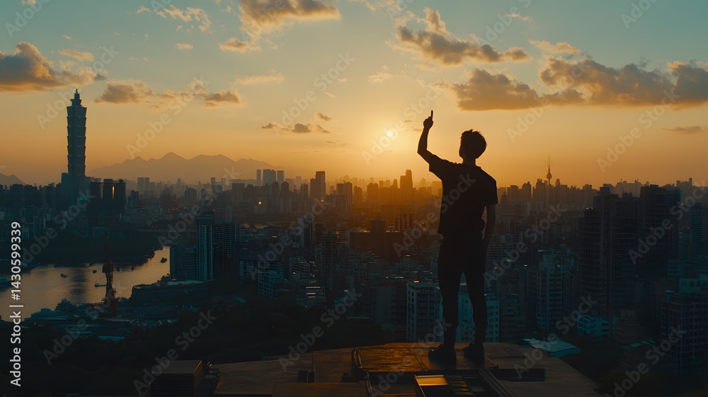 Fototapeta premium Silhouetted Man on Rooftop City Sunset Panorama Golden Hour View