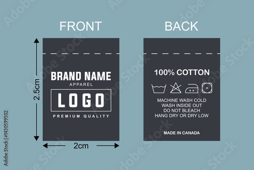 Front and Back Clothing Label Template. Minimalist Apparel Tag with Logo, Fabric Content and Washing Instruction