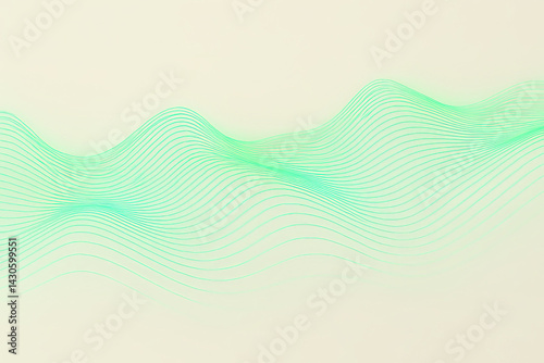 Soft ivory surface with glowing green digital waves cascading across, horizontal perspective, elegant high-tech vibe