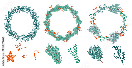 Christmas Wreaths and Holiday Decorative Elements. Collection of hand-drawn Christmas wreaths with pine branches, red berries, candy canes, and cookies for festive design projects.