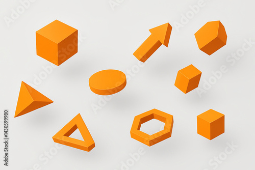 Floating orange 3D geometric shapes on a white background. Abstract forms including cube, triangle, arrow, and circle in minimal style.