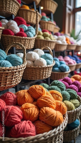 Colorful yarn display in baskets at a cozy yarn store