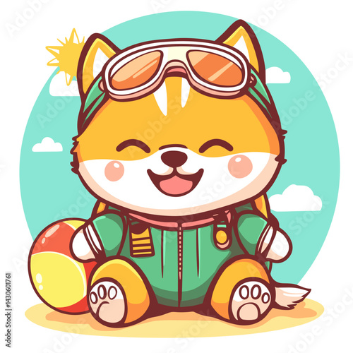 Cartoon vector illustration of a Shiba Inu in pilot uniform with a beach ball and sun hat icons on white background no shadow pastel summer theme


