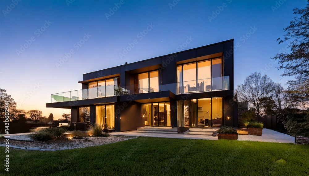 Ultra modern two story house with clean lines and black glass facade, showcasing minimalist architecture at dusk. warm interior lights create welcoming atmosphere