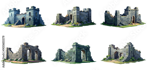 Ancient medieval stone ruins set. Broken castle, fort, temple ruins. Rock building. Ancient kingdom city element, fortress, old citadel structure, arch. Grey stone brick wall vector illustration.	