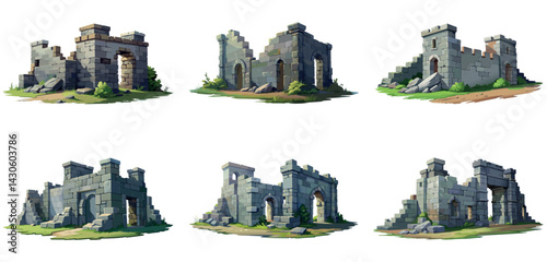 Ancient medieval stone ruins set. Broken castle, fort, temple ruins. Rock building. Ancient kingdom city element, fortress, old citadel structure, arch. Grey stone brick wall vector illustration.	