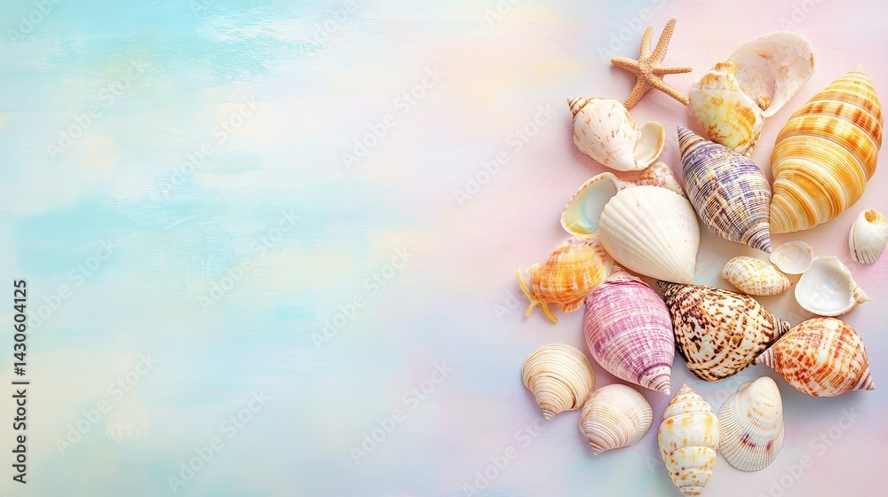 Beautiful marine shells arranged for display on a smooth pastel background with soft tones Beautiful marine shells arranged for display on a smooth pastel background with soft tones