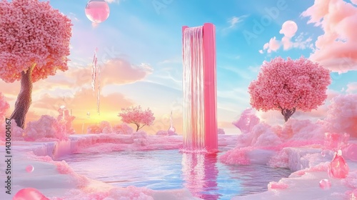 Bright and surreal scene with flowing water from pink structure against bold sky-blue field