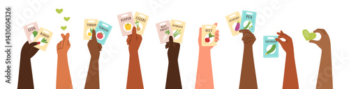 Set of human hands cliparts holding seeds isolated on white. Gardening, healthy food and farming concept banner. Vector hand drawn template.