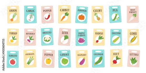 Set of vegetables seeds cliparts isolated on white. Gardening, healthy food and farming concept banner. Vector hand drawn template.