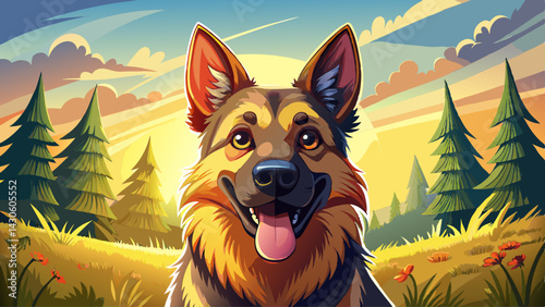 Close up head portrait of happy german shepherd dog sitting outdoor nature on field glowing background. Animal and pet concept.