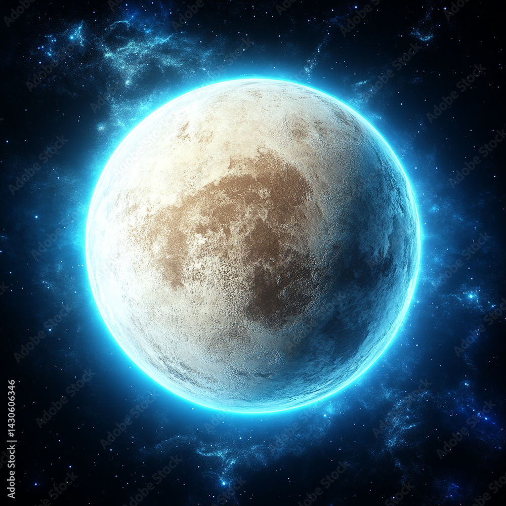 Obraz premium A planet in space that is a sublte beige colour with a bright blue aura glow around it