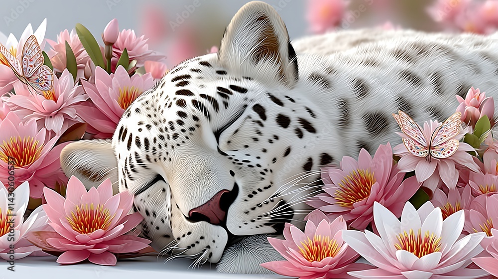 Obraz premium Serene Snow Leopard Sleeping Amidst Pink Water Lilies and Butterflies