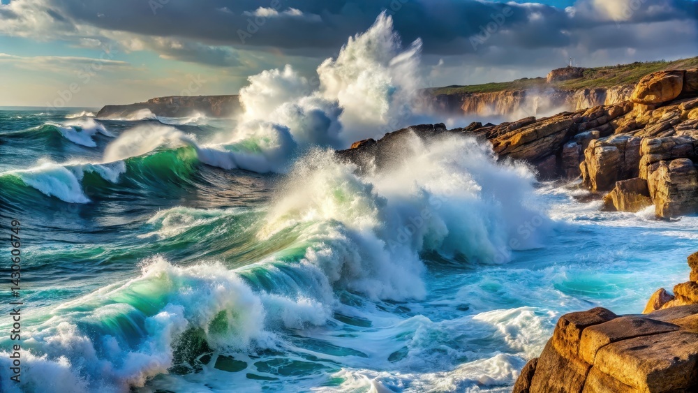 Naklejka premium Powerful ocean waves breaking against rocky coastline , sea, ocean, sea, ocean, nature, crash