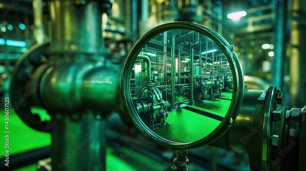 Fototapeta premium Industrial Facility: A Reflective View of Complex Machinery and Piping Systems