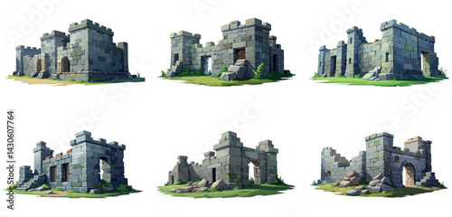 Ancient medieval stone ruins set. Broken castle, fort, temple ruins. Rock building. Ancient kingdom city element, fortress, old citadel structure, arch. Grey stone brick wall vector illustration.	