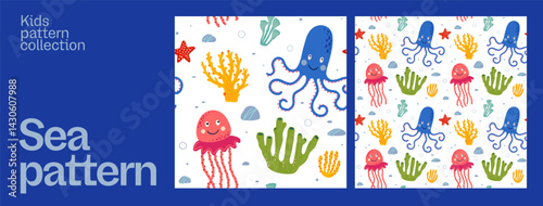 Collection of seamless patterns on the theme of the sea. Blue octopuses, red jellyfish, corals and starfish. Underwater inhabitants of the ocean or coral reef. Vector illustration.