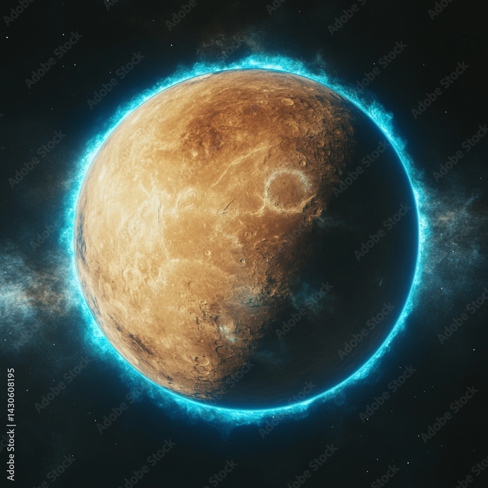 Obraz premium A planet in space that is a sublte beige colour with a bright blue aura glow around it