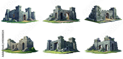 Ancient medieval stone ruins set. Broken castle, fort, temple ruins. Rock building. Ancient kingdom city element, fortress, old citadel structure, arch. Grey stone brick wall vector illustration.	