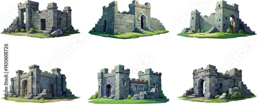 Ancient medieval stone ruins set. Broken castle, fort, temple ruins. Rock building. Ancient kingdom city element, fortress, old citadel structure, arch. Grey stone brick wall vector illustration.	