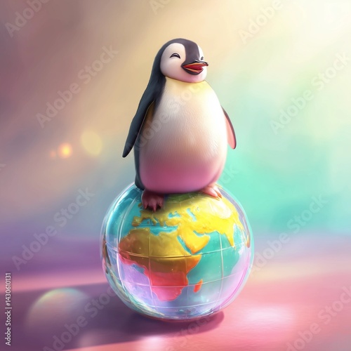 Conceptual image representing World Penguin Day: a stylized, happy penguin perched on a globe, soft focus, vibrant colors, symbolizing global appreciation and conservation efforts.
