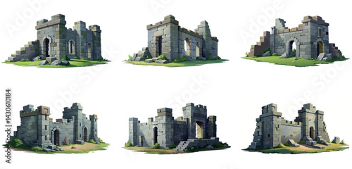 Ancient medieval stone ruins set. Broken castle, fort, temple ruins. Rock building. Ancient kingdom city element, fortress, old citadel structure, arch. Grey stone brick wall vector illustration.	