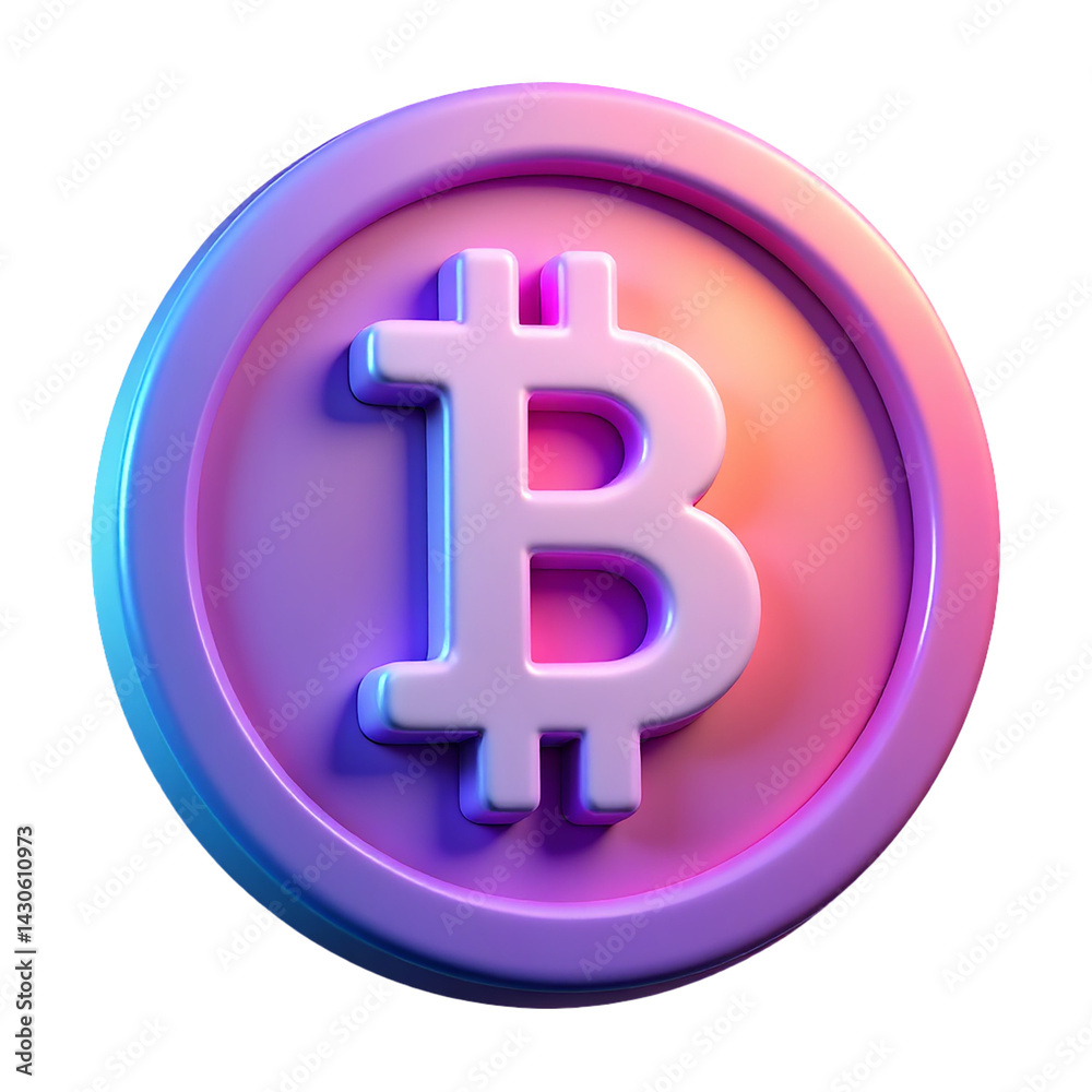 Obraz premium 3D plastic icon of a glossy bitcoin symbol in holographic gradient colors, isolated sign
