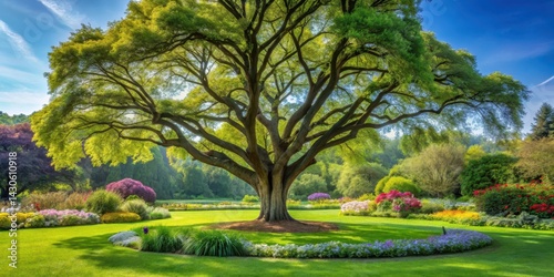 Ancient tree stands tall amidst lush greenery in a spring botanical garden with a soft grass lawn surrounded by vibrant flowers and foliage, green, flora photo