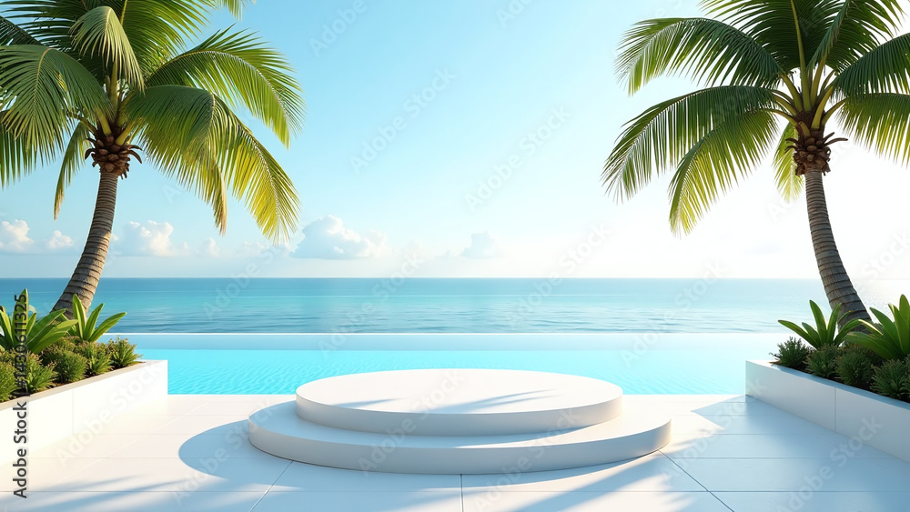Fototapeta premium palm trees frame luxurious pool calm water top view summer