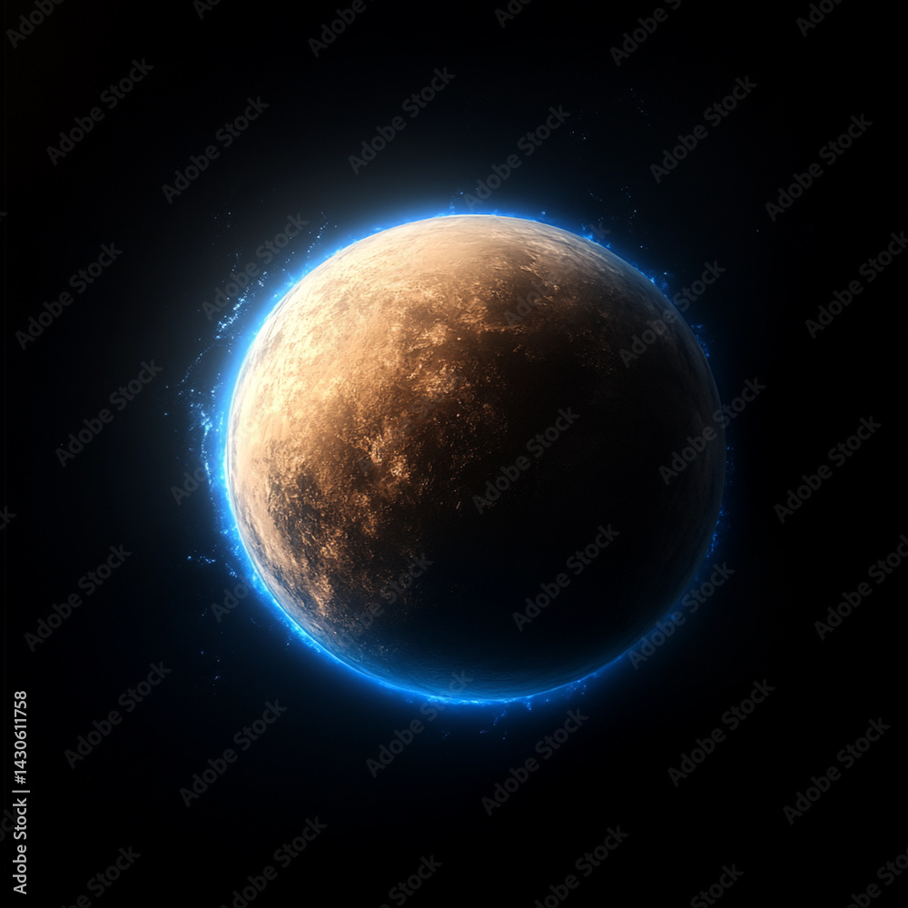 Obraz premium A planet in space that is a sublte beige colour with a bright blue aura glow around it
