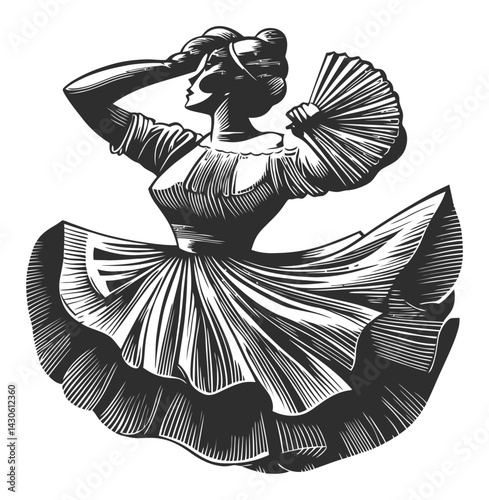 Elegant Woman in Dramatic Pose with Fan - Vintage Woodcut Style
